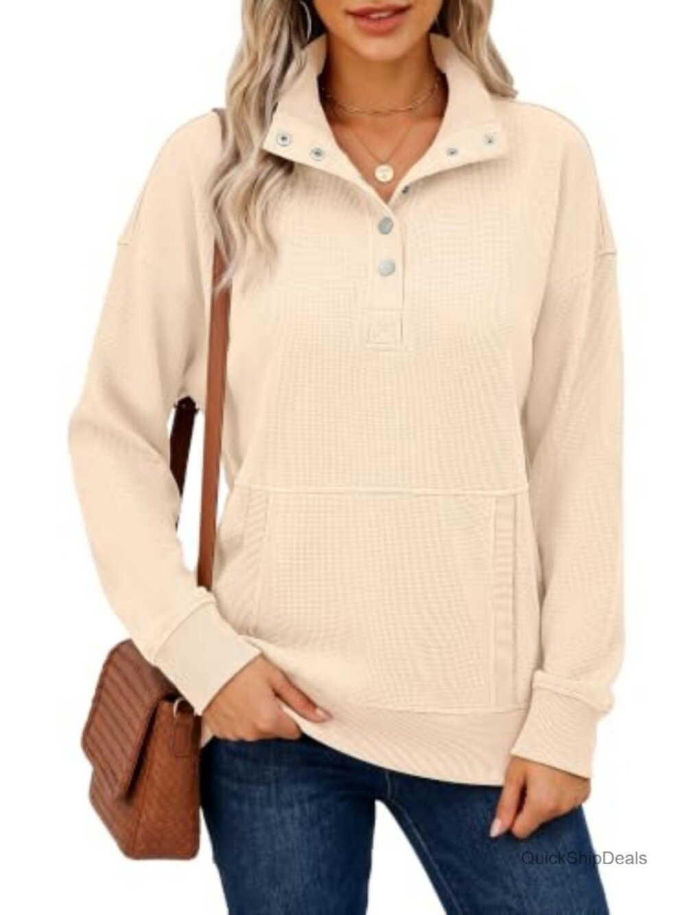 Waffle Knit Henley Pullover Sweatshirt - Long Sleeve